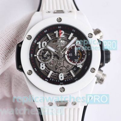 Swiss Copy Hublot Geneve Big Bang Unico White Ceramic on Black Skeleton Dial 45mm